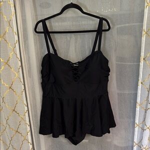 Black One-Piece Swimsuit with Attached Skirt and Lace Front Design